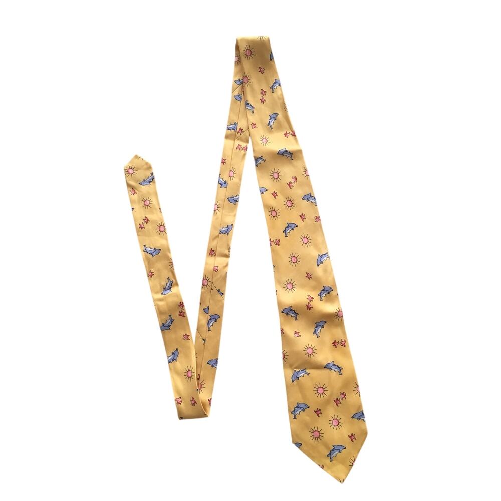 Michelsons London Pure Silk Bright Sunshine Yellow Tie Dolphin Theme Beach EUC